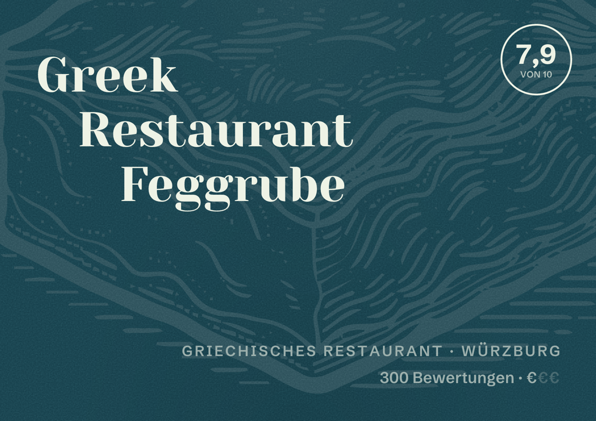 Illustriertes Poster von Greek Restaurant Feggrube, Griechisches Restaurant in Würzburg: Bewertung 7,9 von 10 aus 300 Bewertungen, Preisniveau €