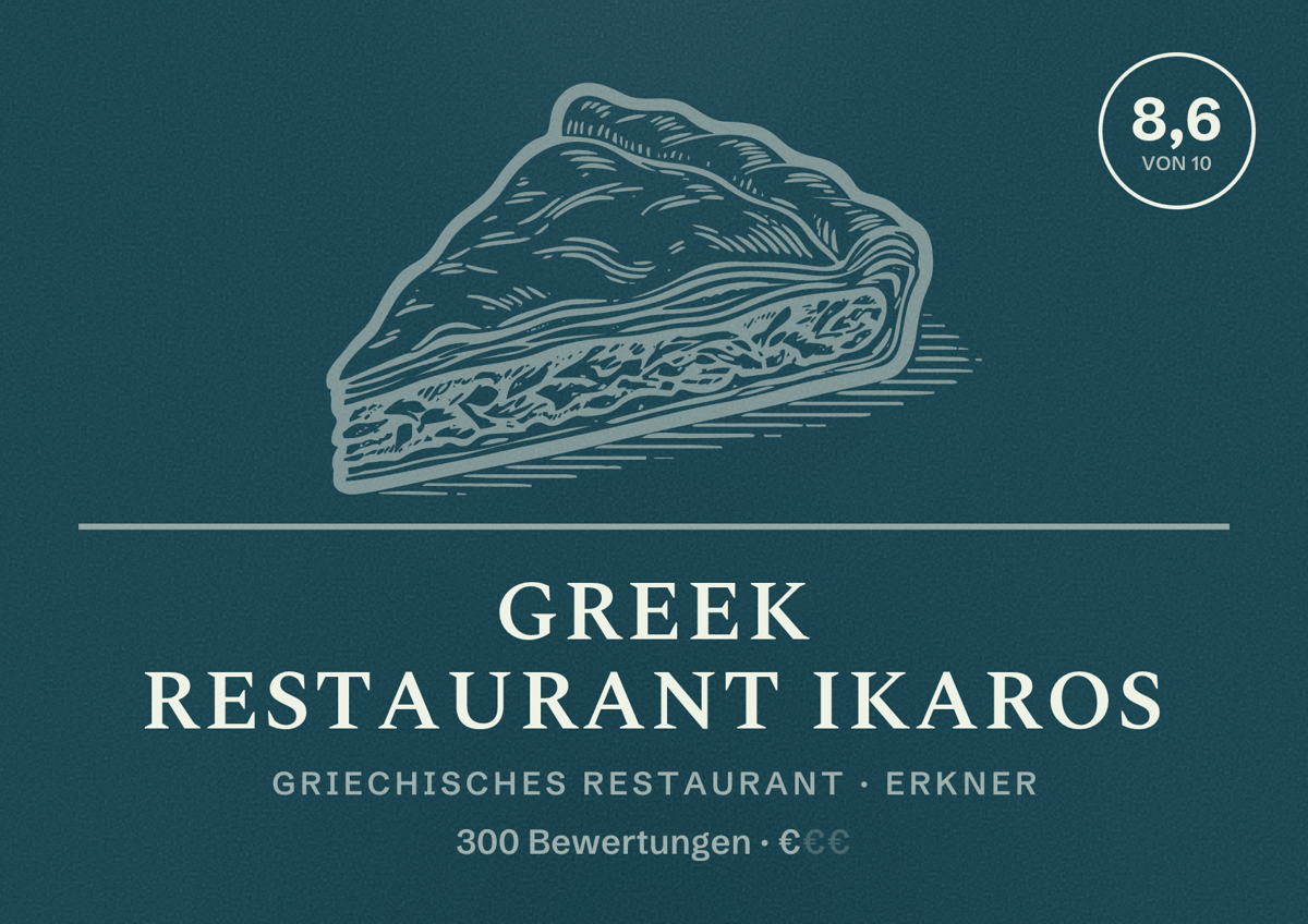 Illustriertes Poster von Greek Restaurant Ikaros, Griechisches Restaurant in Erkner: Bewertung 8,6 von 10 aus 300 Bewertungen, Preisniveau €