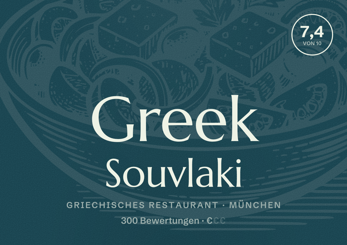 Illustriertes Poster von Greek Souvlaki, Griechisches Restaurant in München: Bewertung 7,4 von 10 aus 300 Bewertungen, Preisniveau €
