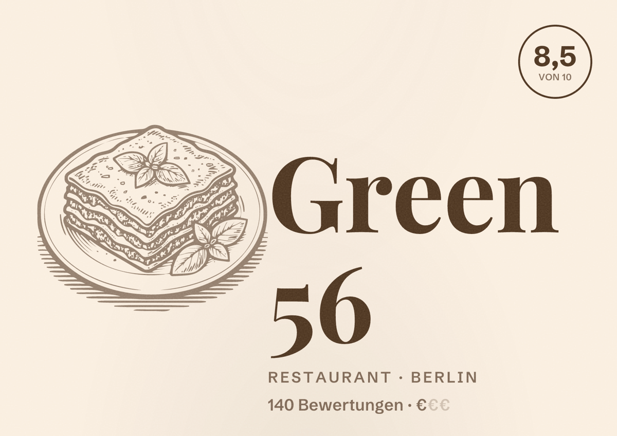 Illustriertes Poster von Green 56, Restaurant in Berlin: Bewertung 8,5 von 10 aus 140 Bewertungen, Preisniveau €