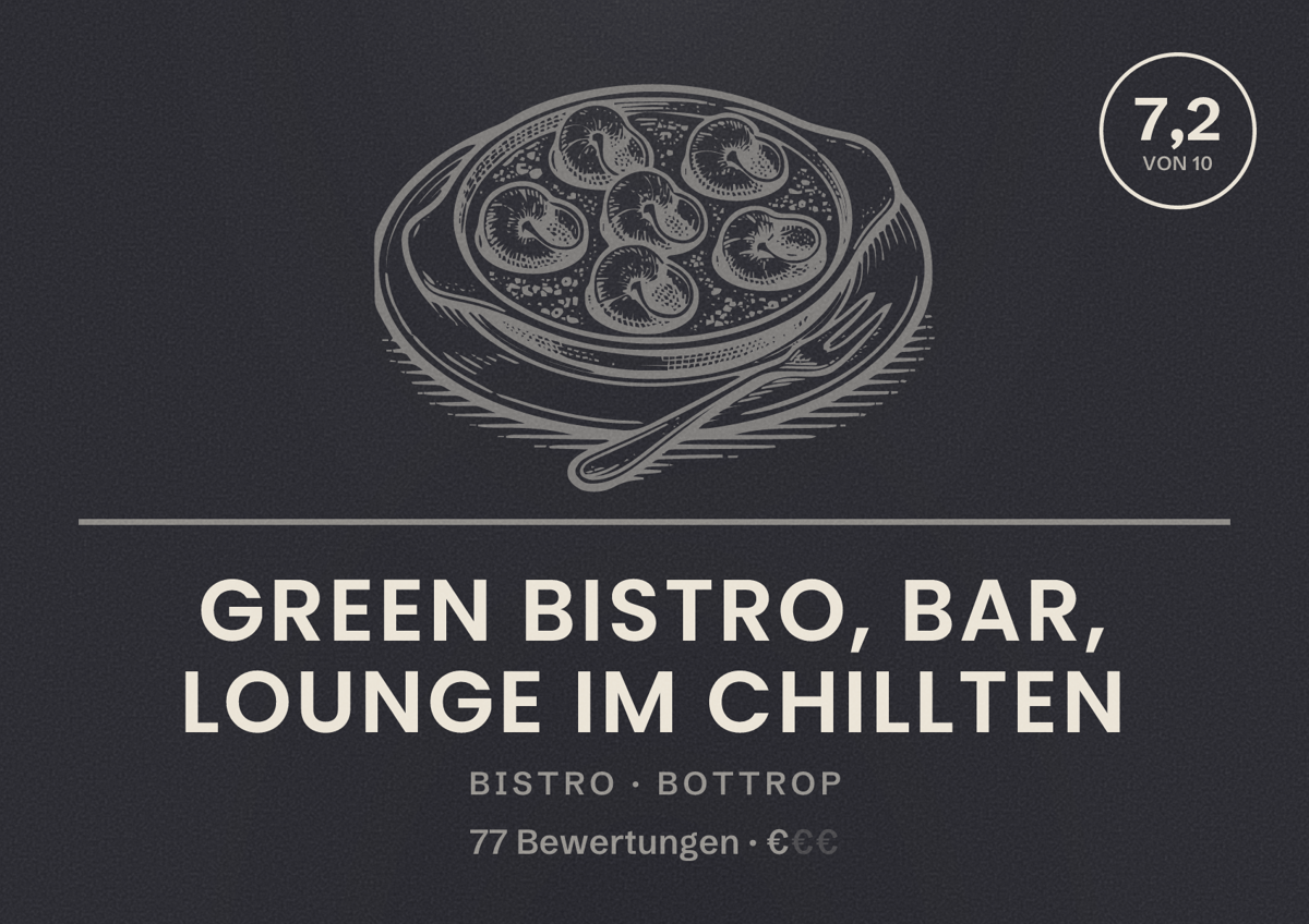 Illustriertes Poster von green bistro, bar, lounge im chillten, Bistro in Bottrop: Bewertung 7,2 von 10 aus 77 Bewertungen, Preisniveau €