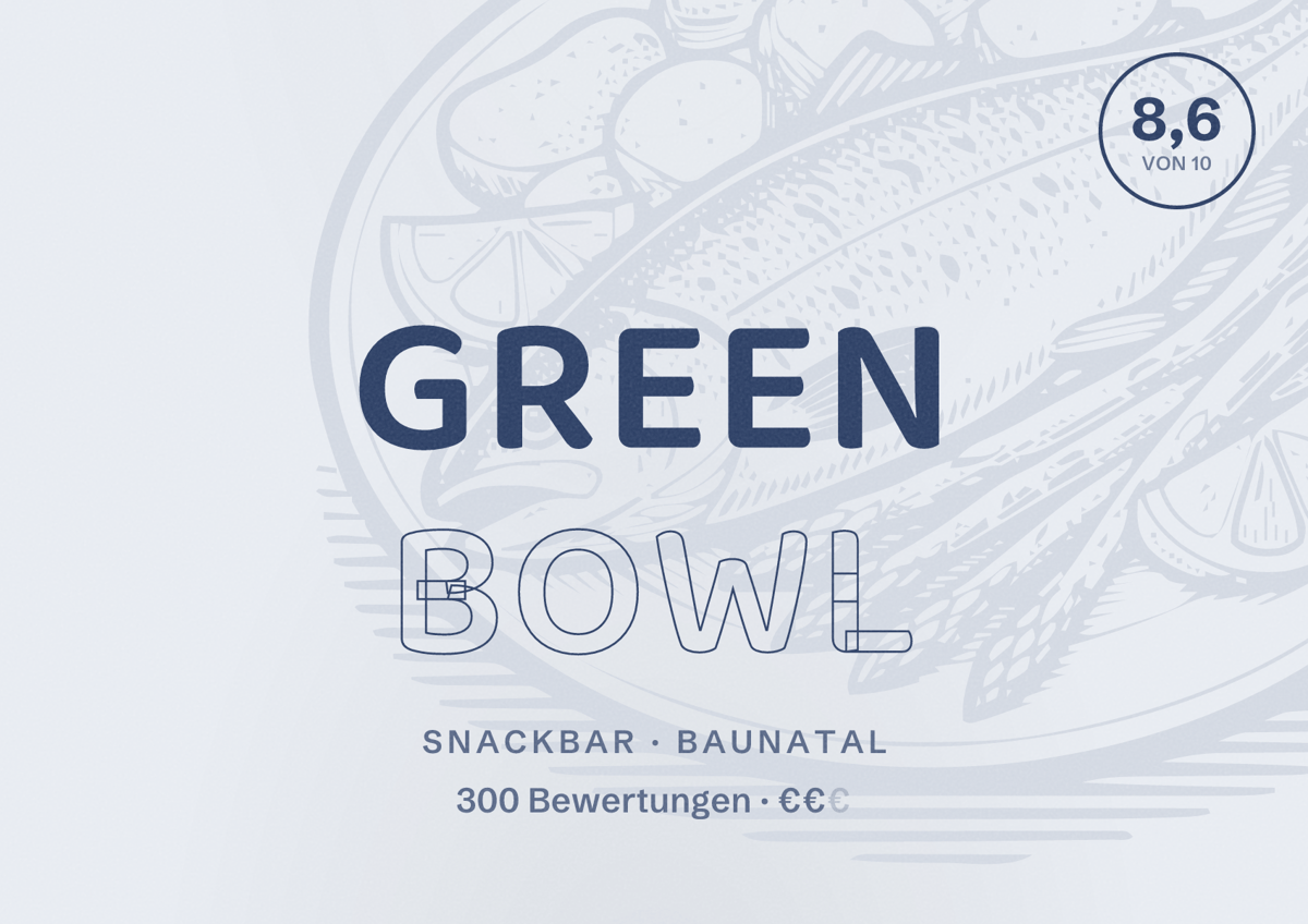 Illustriertes Poster von Green Bowl, Snackbar in Baunatal: Bewertung 8,6 von 10 aus 300 Bewertungen, Preisniveau €€