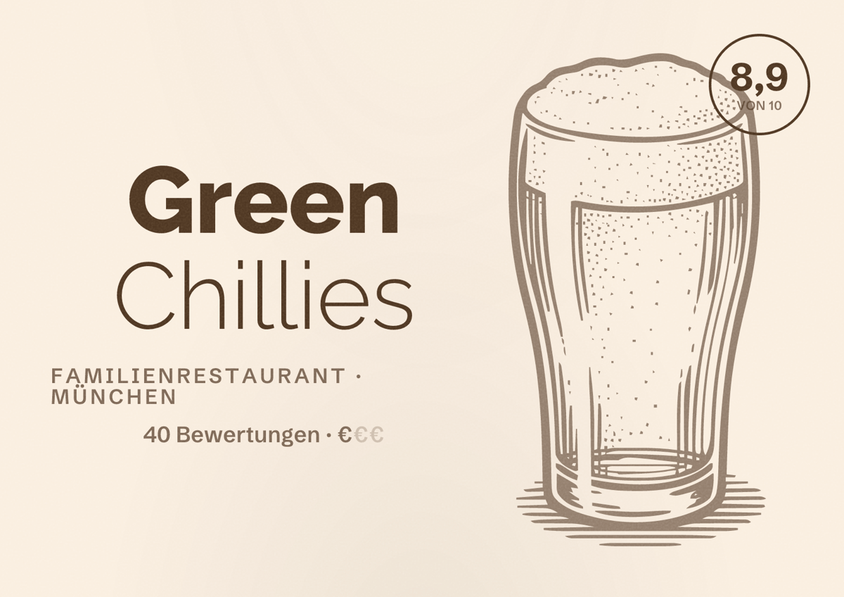 Illustriertes Poster von Green Chillies, Familienrestaurant in München: Bewertung 8,9 von 10 aus 40 Bewertungen, Preisniveau €