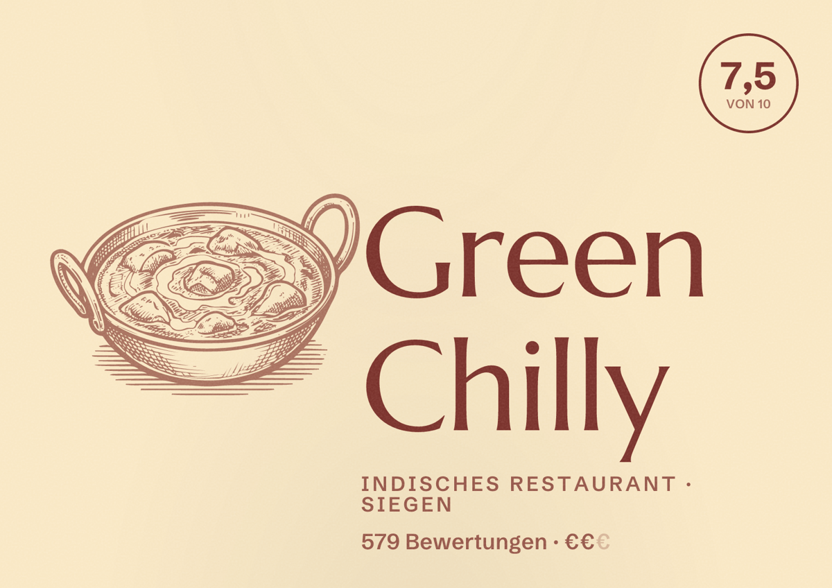 Illustriertes Poster von Green Chilly, Indisches Restaurant in Siegen: Bewertung 7,5 von 10 aus 579 Bewertungen, Preisniveau €€