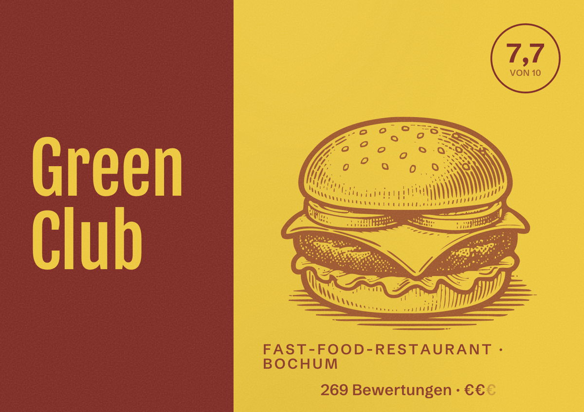 Illustriertes Poster von Green Club, Fast-Food-Restaurant in Bochum: Bewertung 7,7 von 10 aus 269 Bewertungen, Preisniveau €€