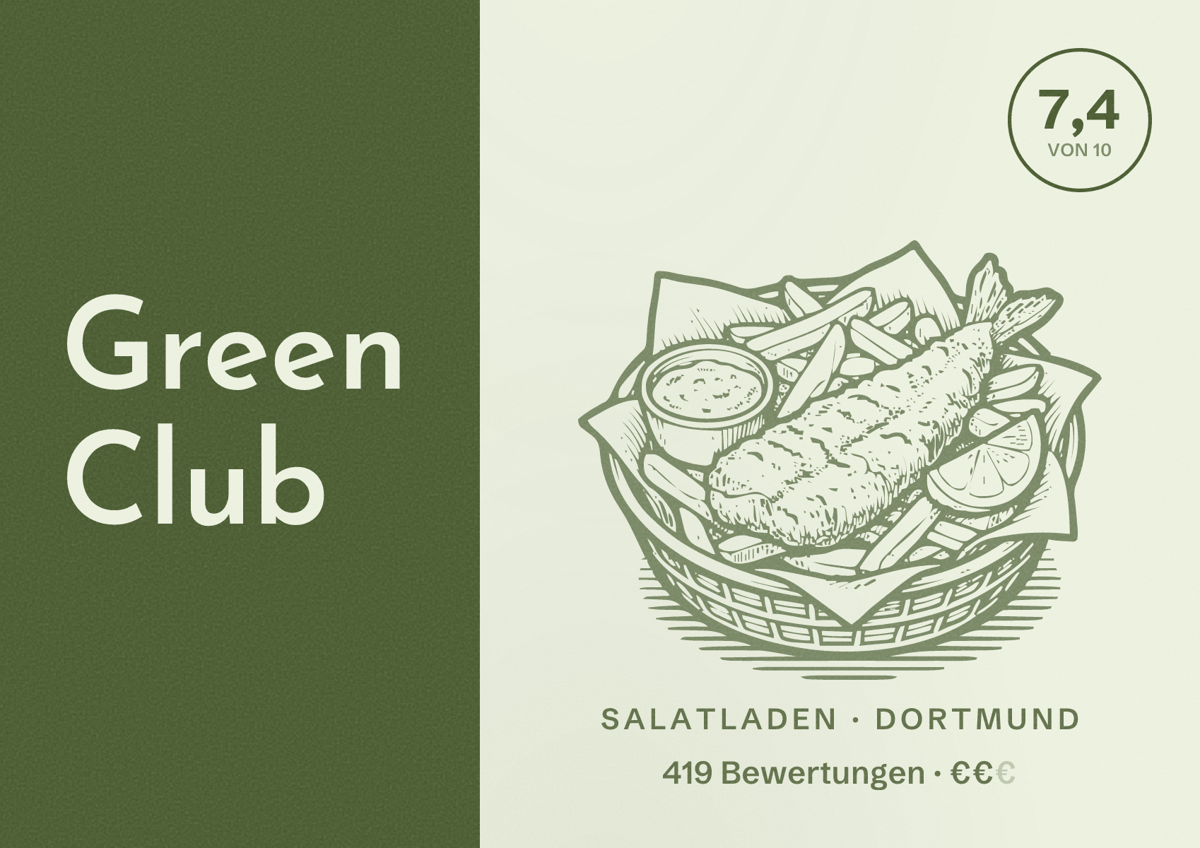Illustriertes Poster von Green Club, Salatladen in Dortmund: Bewertung 7,4 von 10 aus 419 Bewertungen, Preisniveau €€