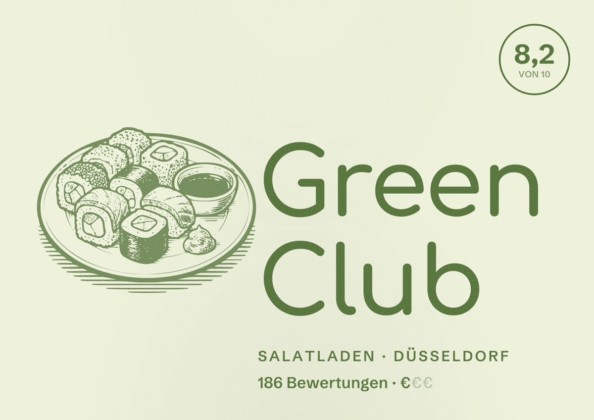 Illustriertes Poster von Green Club, Salatladen in Düsseldorf: Bewertung 8,2 von 10 aus 186 Bewertungen, Preisniveau €
