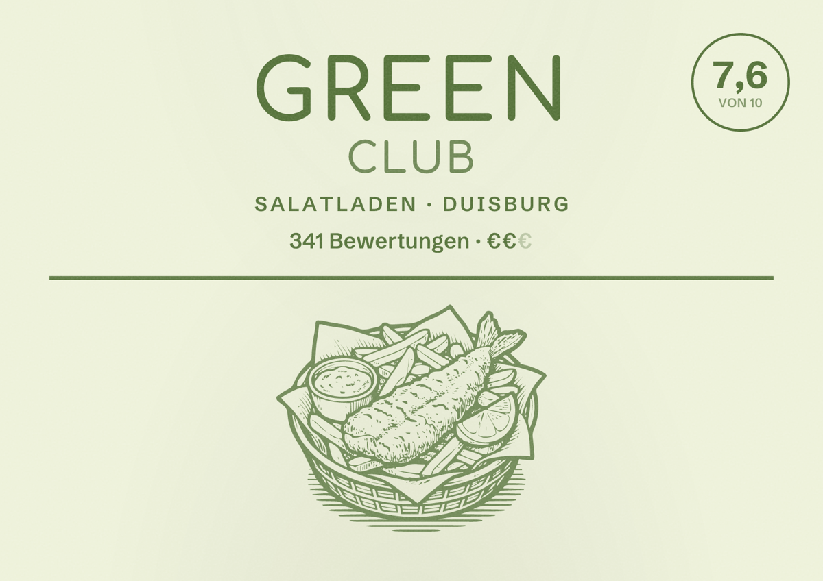 Illustriertes Poster von Green Club, Salatladen in Duisburg: Bewertung 7,6 von 10 aus 341 Bewertungen, Preisniveau €€