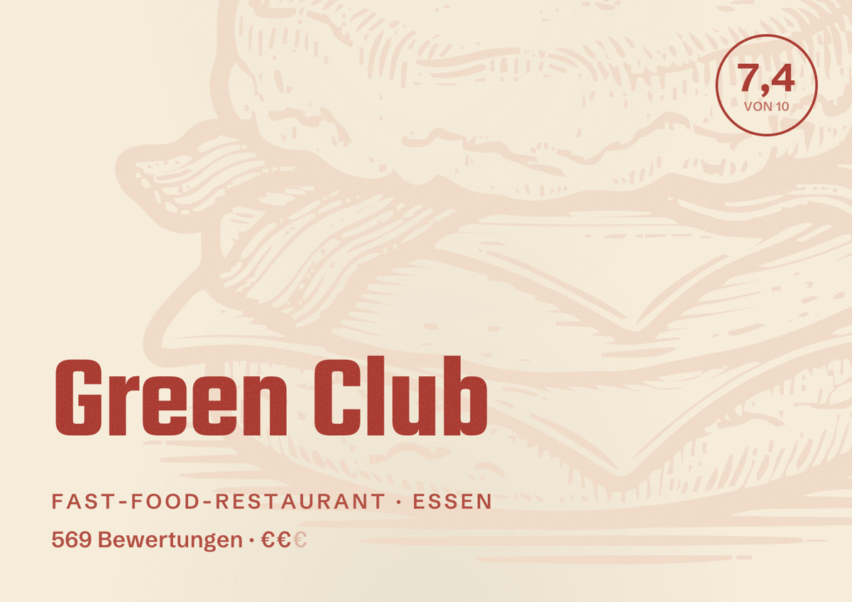 Illustriertes Poster von Green Club, Fast-Food-Restaurant in Essen: Gästebewertung 7,4 von 10 aus 569 Bewertungen
