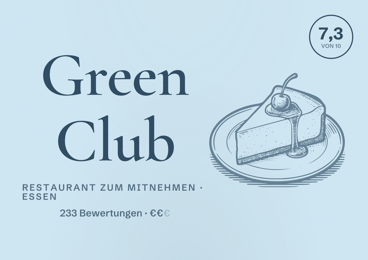 Illustriertes Poster von Green Club, Restaurant zum Mitnehmen in Essen: Bewertung 7,3 von 10 aus 233 Bewertungen, Preisniveau €€