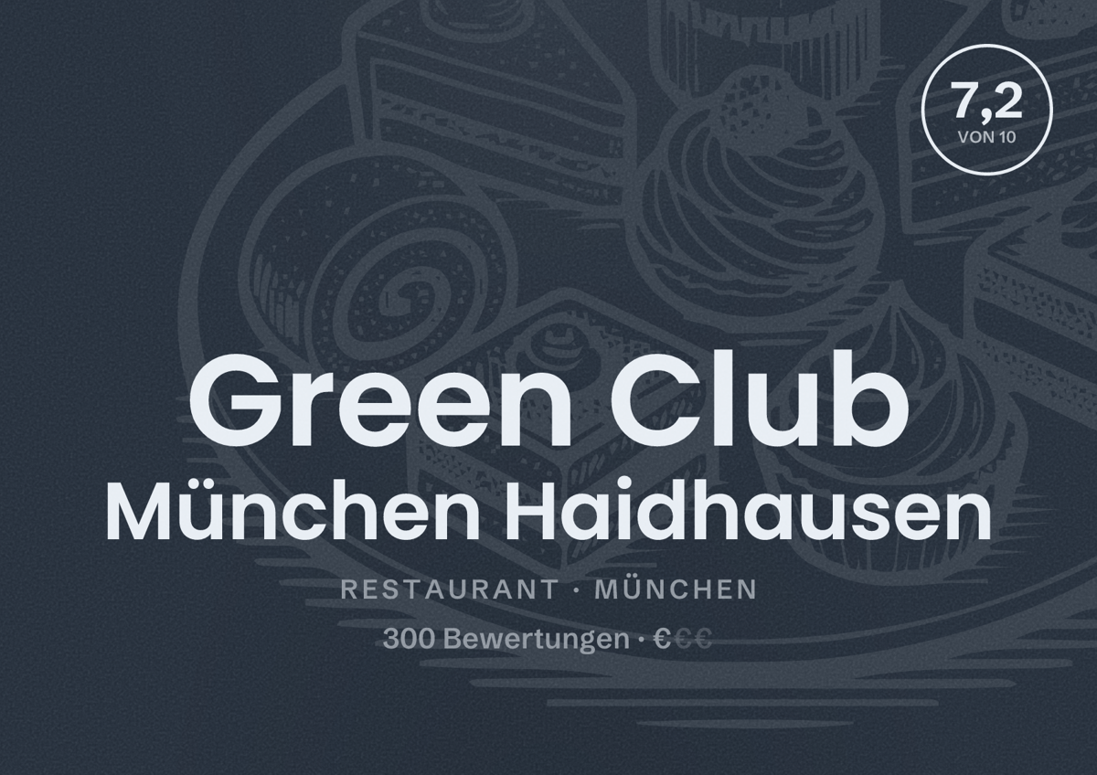 Illustriertes Poster von Green Club München Haidhausen, Restaurant in München: Bewertung 7,2 von 10 aus 300 Bewertungen, Preisniveau €