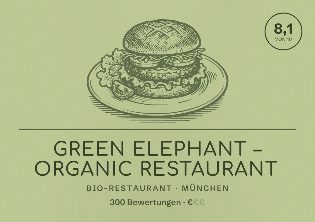 Illustriertes Poster von Green Elephant – Organic Restaurant, Bio-Restaurant in München: Bewertung 8,1 von 10 aus 300 Bewertungen, Preisniveau €