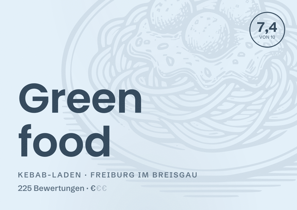 Illustriertes Poster von Green food, Kebab-Laden in Freiburg im Breisgau: Bewertung 7,4 von 10 aus 225 Bewertungen, Preisniveau €
