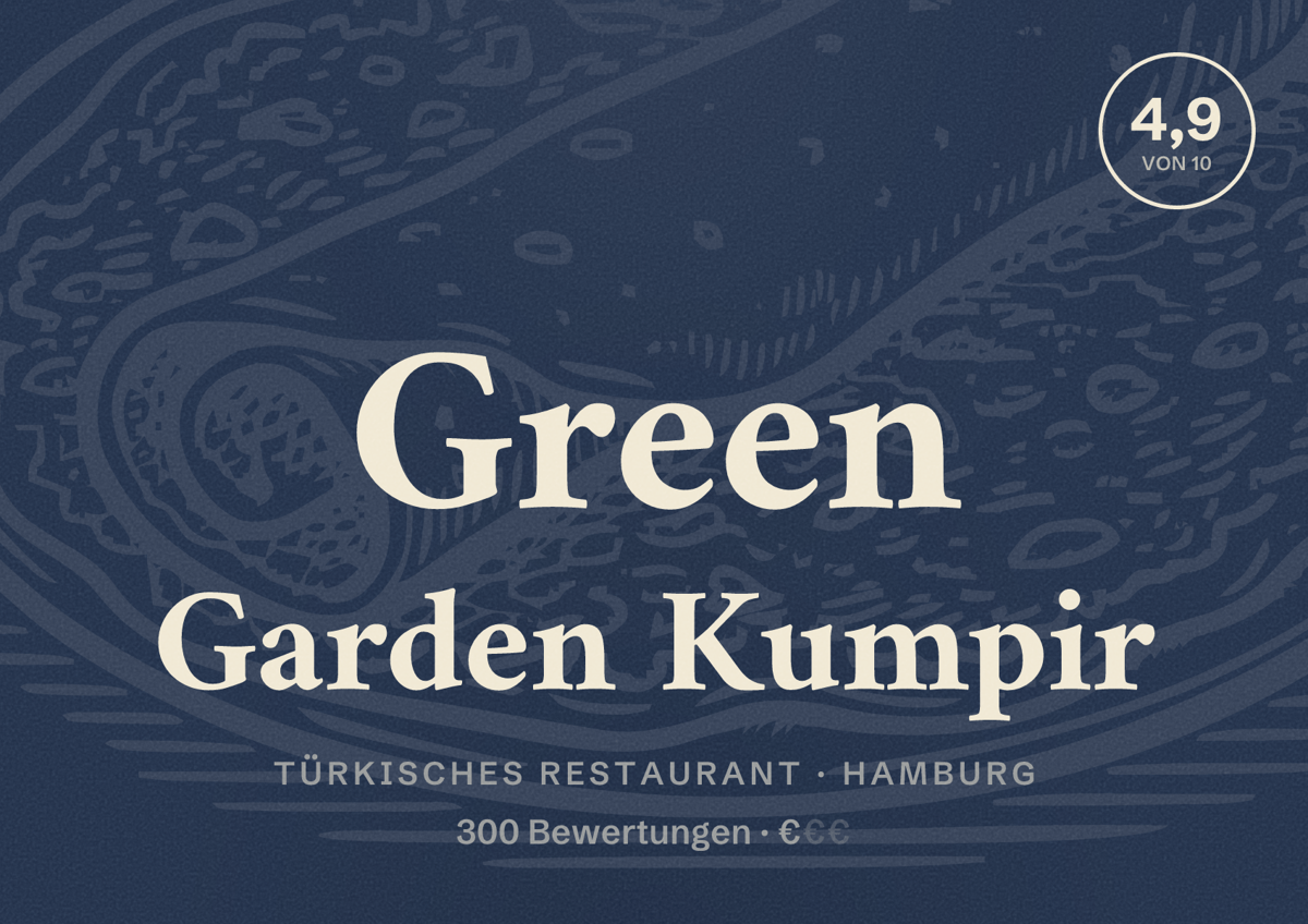 Illustriertes Poster von Green Garden Kumpir, Türkisches Restaurant in Hamburg: Bewertung 4,9 von 10 aus 300 Bewertungen, Preisniveau €