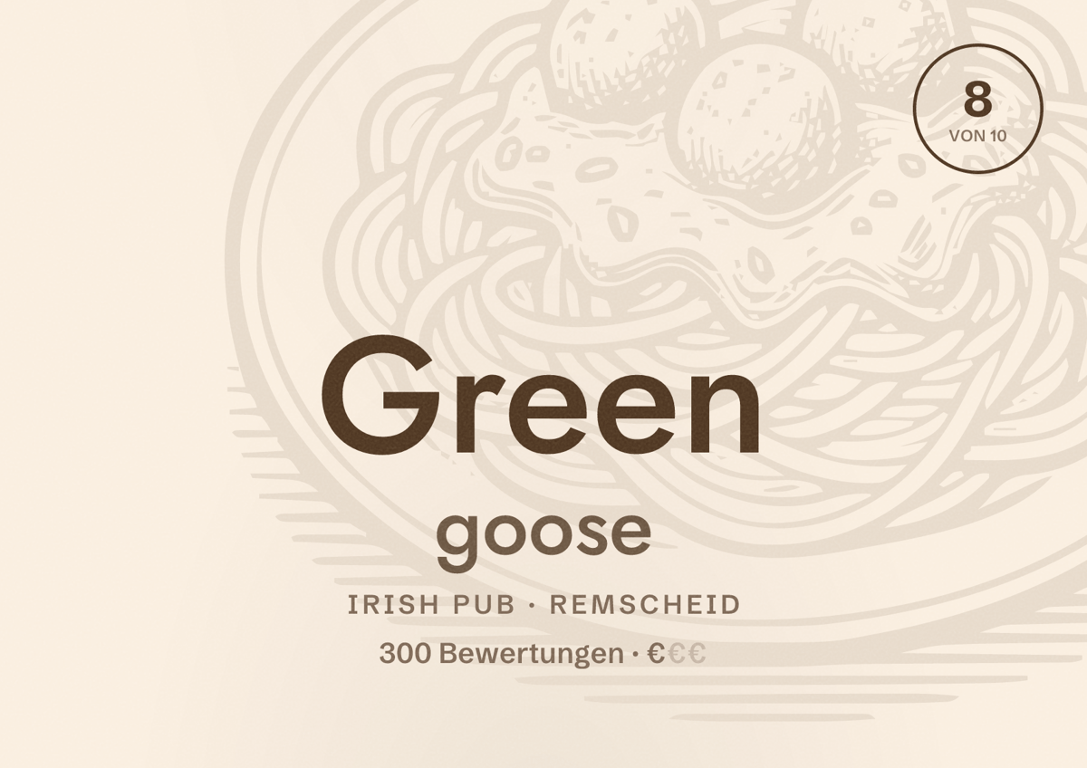 Illustriertes Poster von Green goose, Irish Pub in Remscheid: Bewertung 8 von 10 aus 300 Bewertungen, Preisniveau €