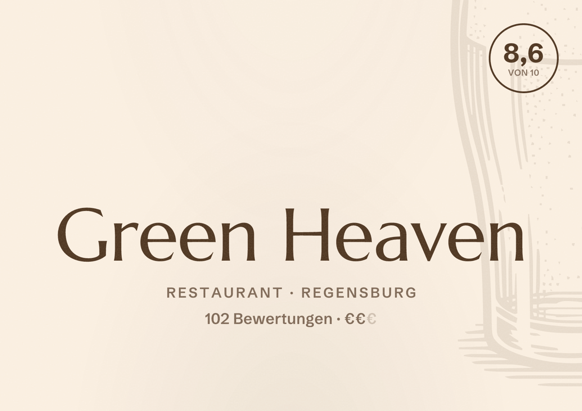 Illustriertes Poster von Green Heaven, Restaurant in Regensburg: Bewertung 8,6 von 10 aus 102 Bewertungen, Preisniveau €€