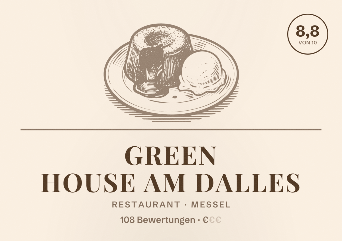 Illustriertes Poster von GREEN HOUSE am Dalles, Restaurant in Messel: Bewertung 8,8 von 10 aus 108 Bewertungen, Preisniveau €