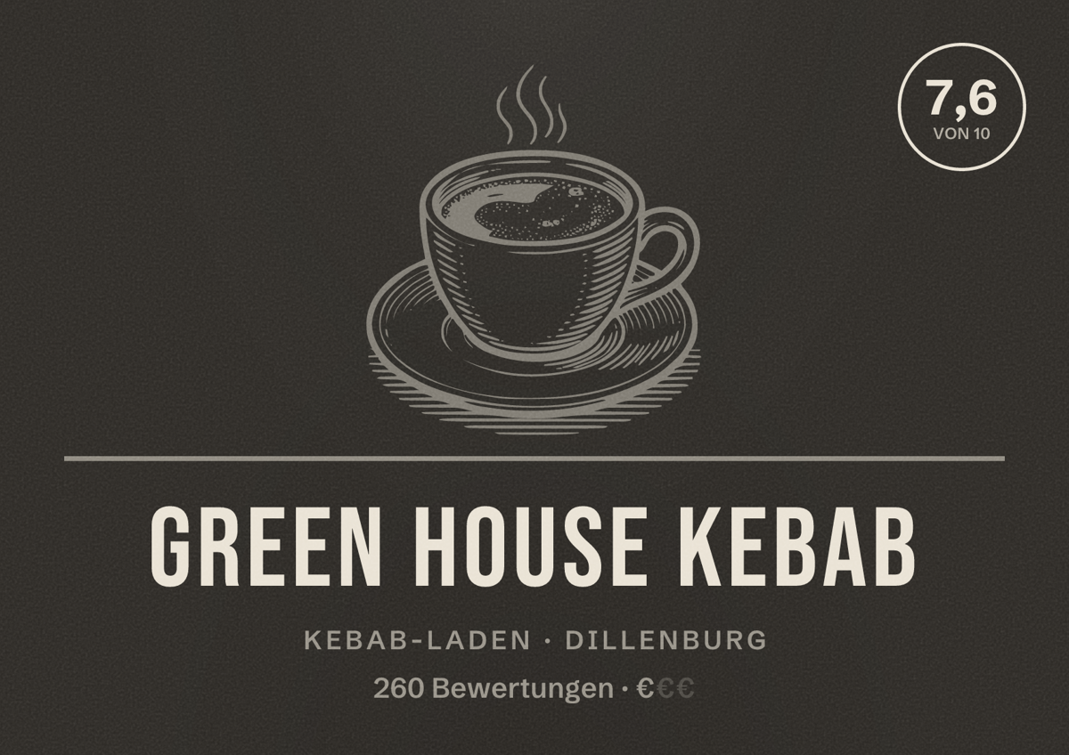 Illustriertes Poster von Green House Kebab, Kebab-Laden in Dillenburg: Bewertung 7,6 von 10 aus 260 Bewertungen, Preisniveau €