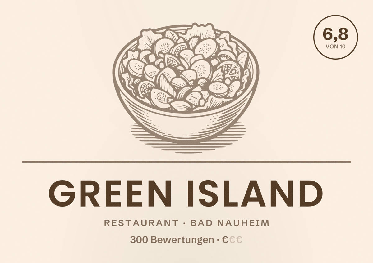 Illustriertes Poster von Green Island, Restaurant in Bad Nauheim: Bewertung 6,8 von 10 aus 300 Bewertungen, Preisniveau €