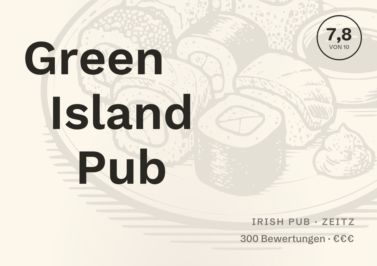 Illustriertes Poster von Green Island Pub, Irish Pub in Zeitz: Bewertung 7,8 von 10 aus 300 Bewertungen, Preisniveau €€€