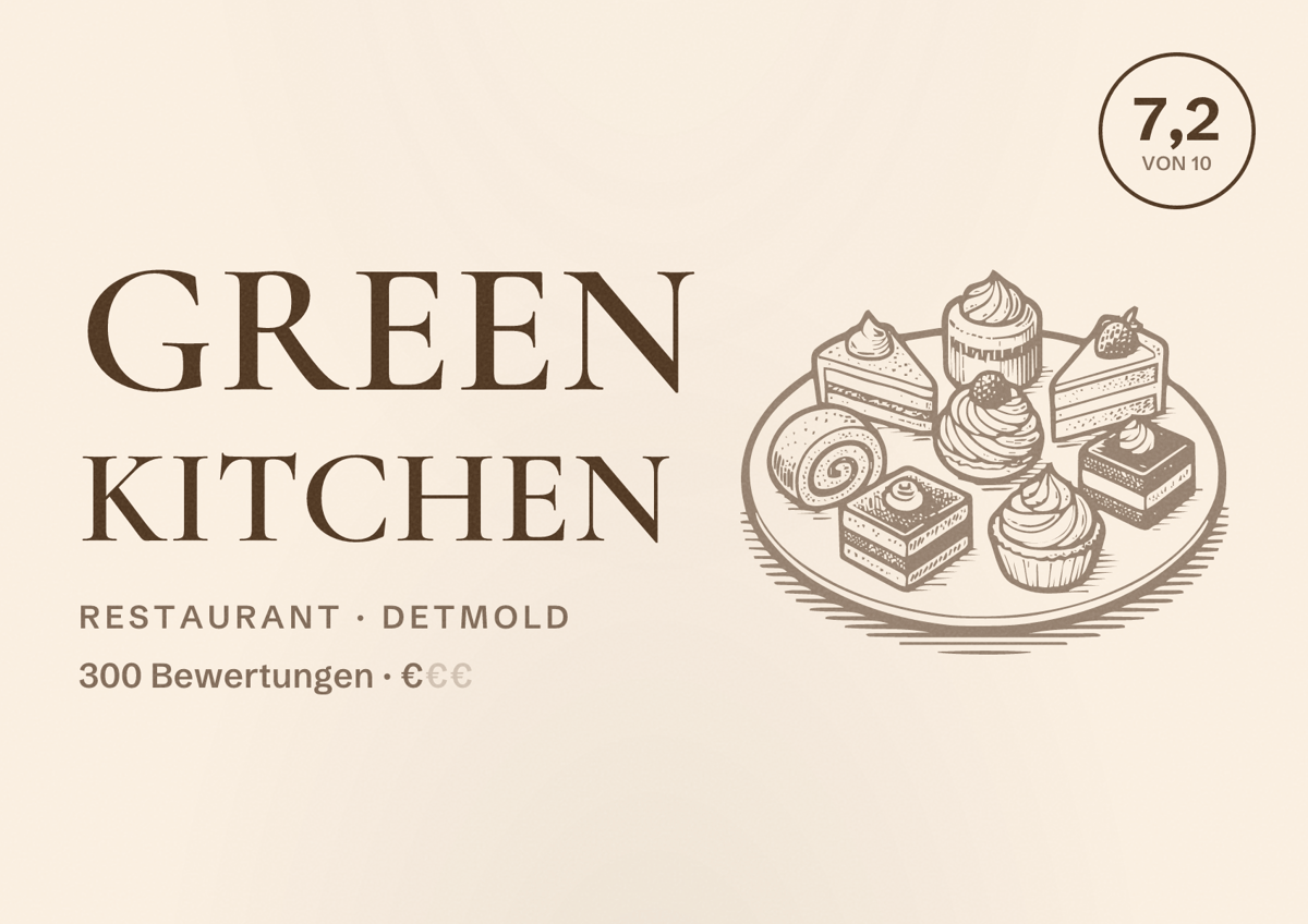 Illustriertes Poster von Green Kitchen, Restaurant in Detmold: Bewertung 7,2 von 10 aus 300 Bewertungen, Preisniveau €