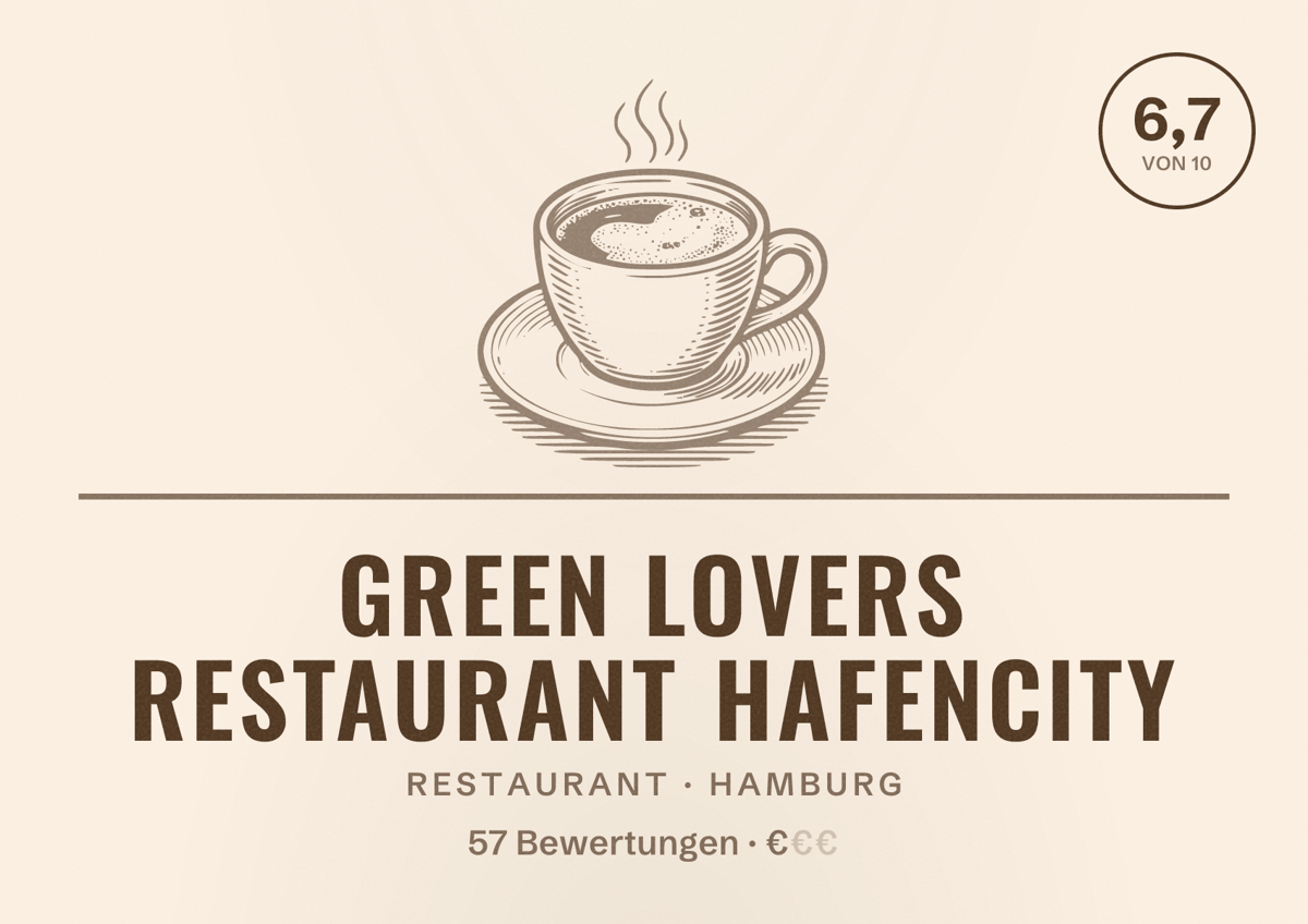 Illustriertes Poster von green lovers Restaurant HafenCity, Restaurant in Hamburg: Bewertung 6,7 von 10 aus 57 Bewertungen, Preisniveau €