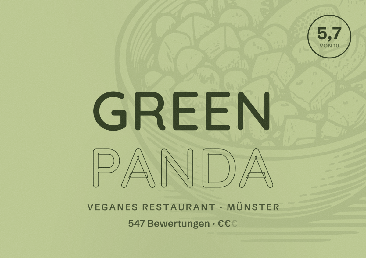 Illustriertes Poster von Green Panda, Veganes Restaurant in Münster: Bewertung 5,7 von 10 aus 547 Bewertungen, Preisniveau €€