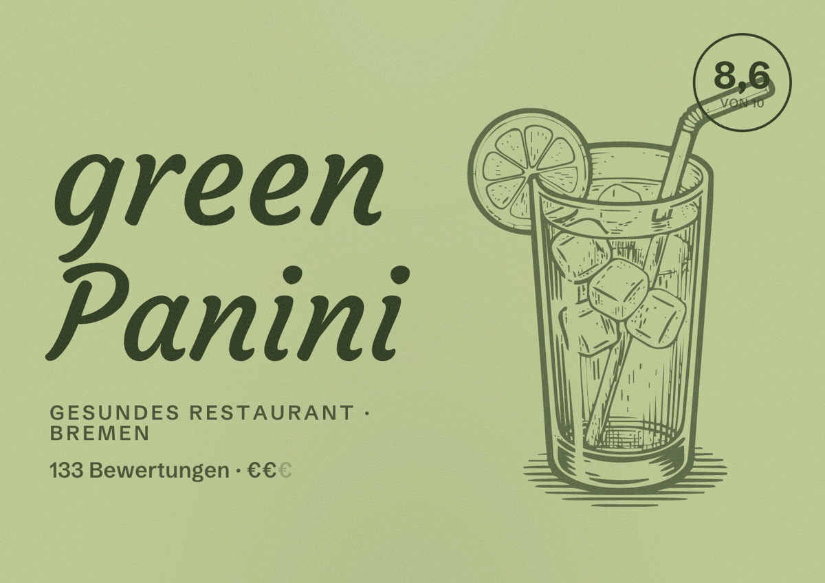 Illustriertes Poster von green Panini, Gesundes Restaurant in Bremen: Bewertung 8,6 von 10 aus 133 Bewertungen, Preisniveau €€