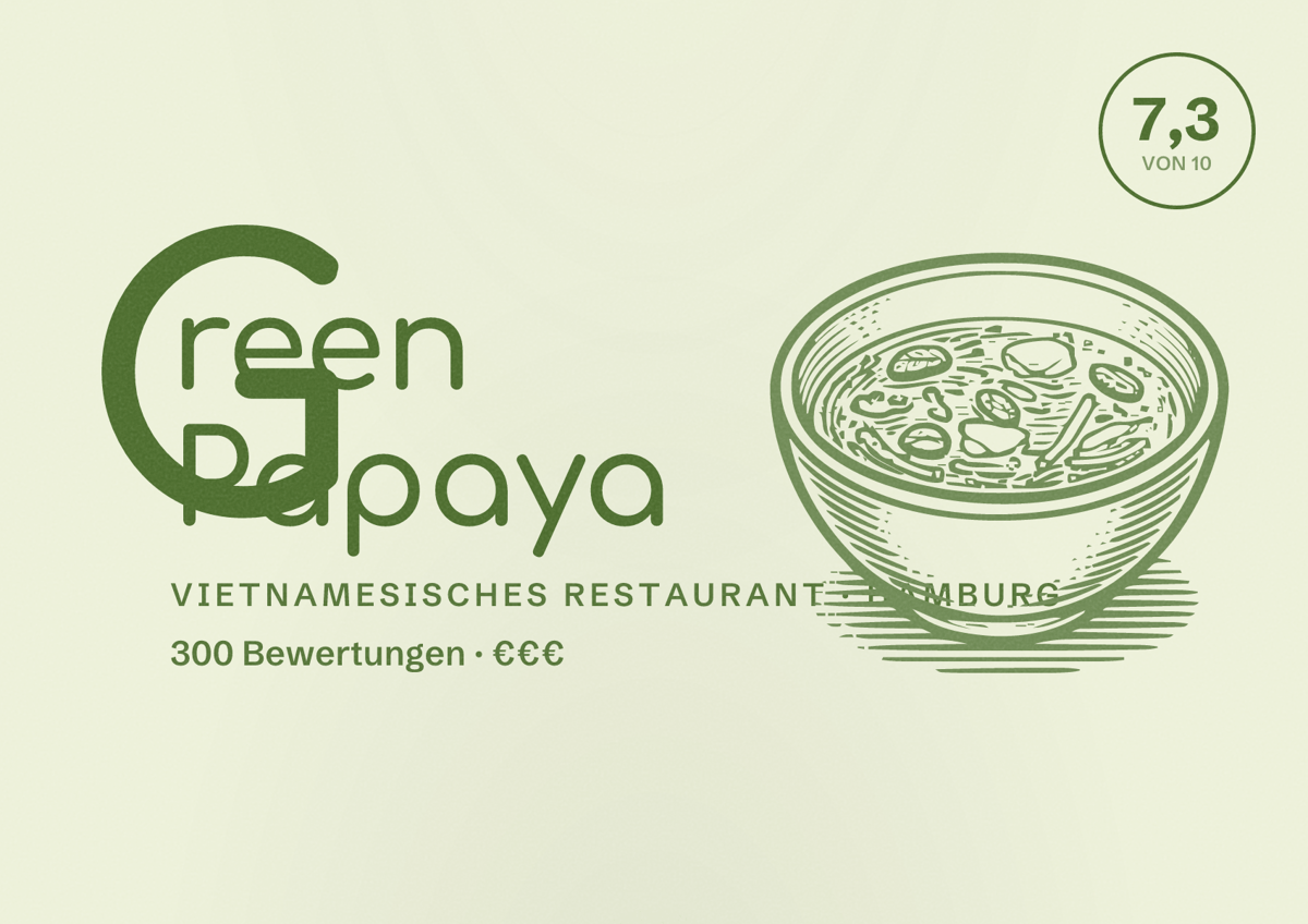 Illustriertes Poster von Green Papaya, Vietnamesisches Restaurant in Hamburg: Bewertung 7,3 von 10 aus 300 Bewertungen, Preisniveau €€€