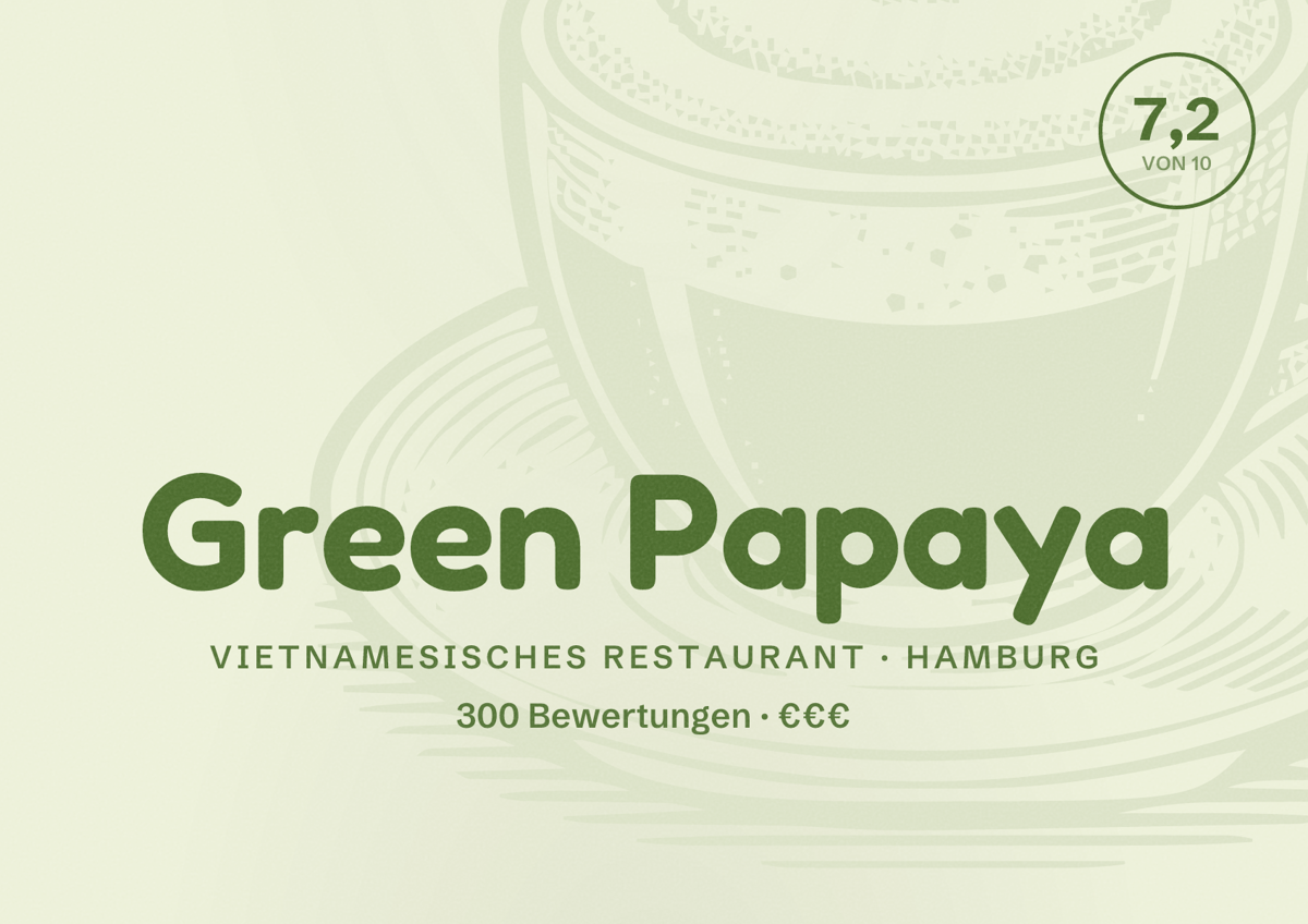 Illustriertes Poster von Green Papaya, Vietnamesisches Restaurant in Hamburg: Bewertung 7,2 von 10 aus 300 Bewertungen, Preisniveau €€€