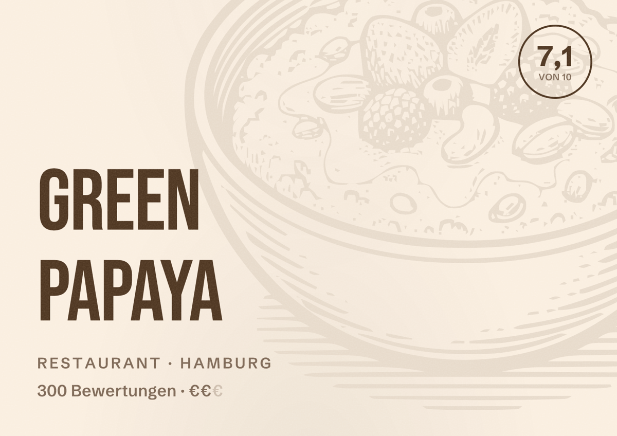Illustriertes Poster von Green Papaya, Restaurant in Hamburg: Bewertung 7,1 von 10 aus 300 Bewertungen, Preisniveau €€