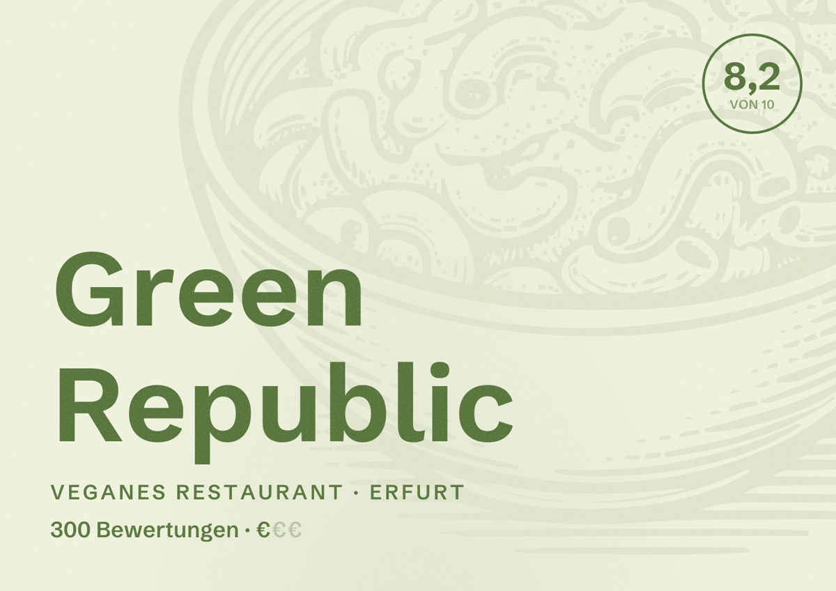 Illustriertes Poster von Green Republic, Veganes Restaurant in Erfurt: Bewertung 8,2 von 10 aus 300 Bewertungen, Preisniveau €