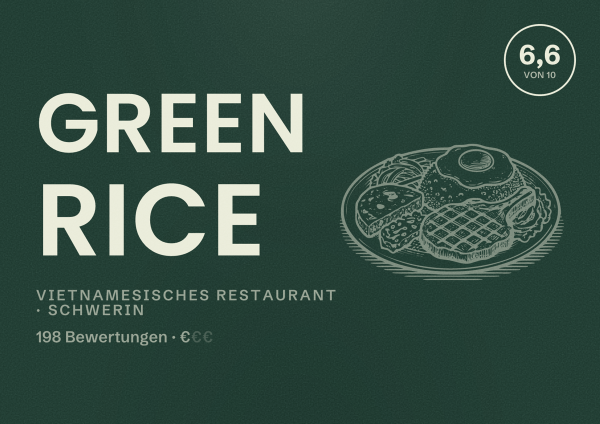 Illustriertes Poster von Green Rice, Vietnamesisches Restaurant in Schwerin: Bewertung 6,6 von 10 aus 198 Bewertungen, Preisniveau €