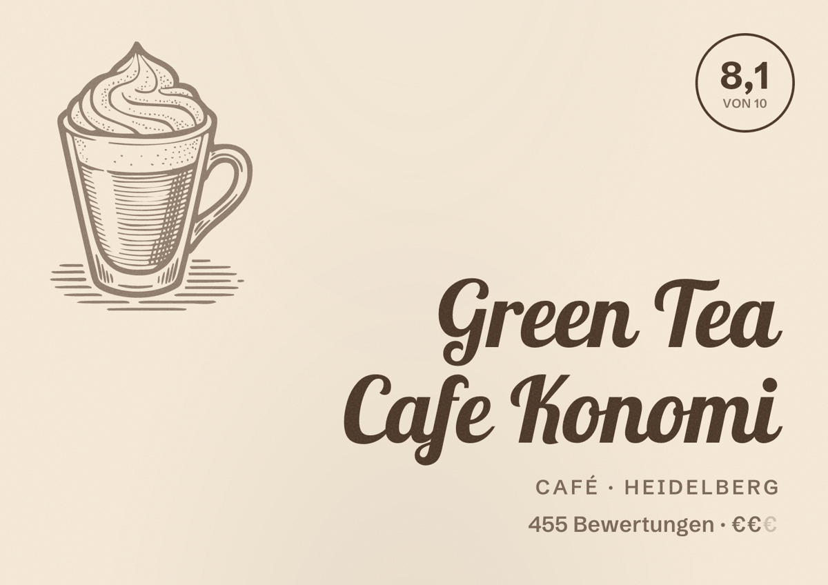 Illustriertes Poster von Green Tea Cafe Konomi, Café in Heidelberg: Bewertung 8,1 von 10 aus 455 Bewertungen, Preisniveau €€
