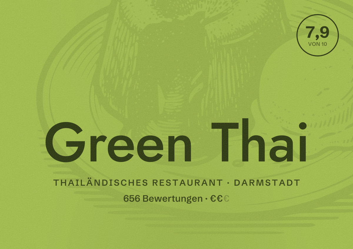 Illustriertes Poster von Green Thai, Thailändisches Restaurant in Darmstadt: Bewertung 7,9 von 10 aus 656 Bewertungen, Preisniveau €€