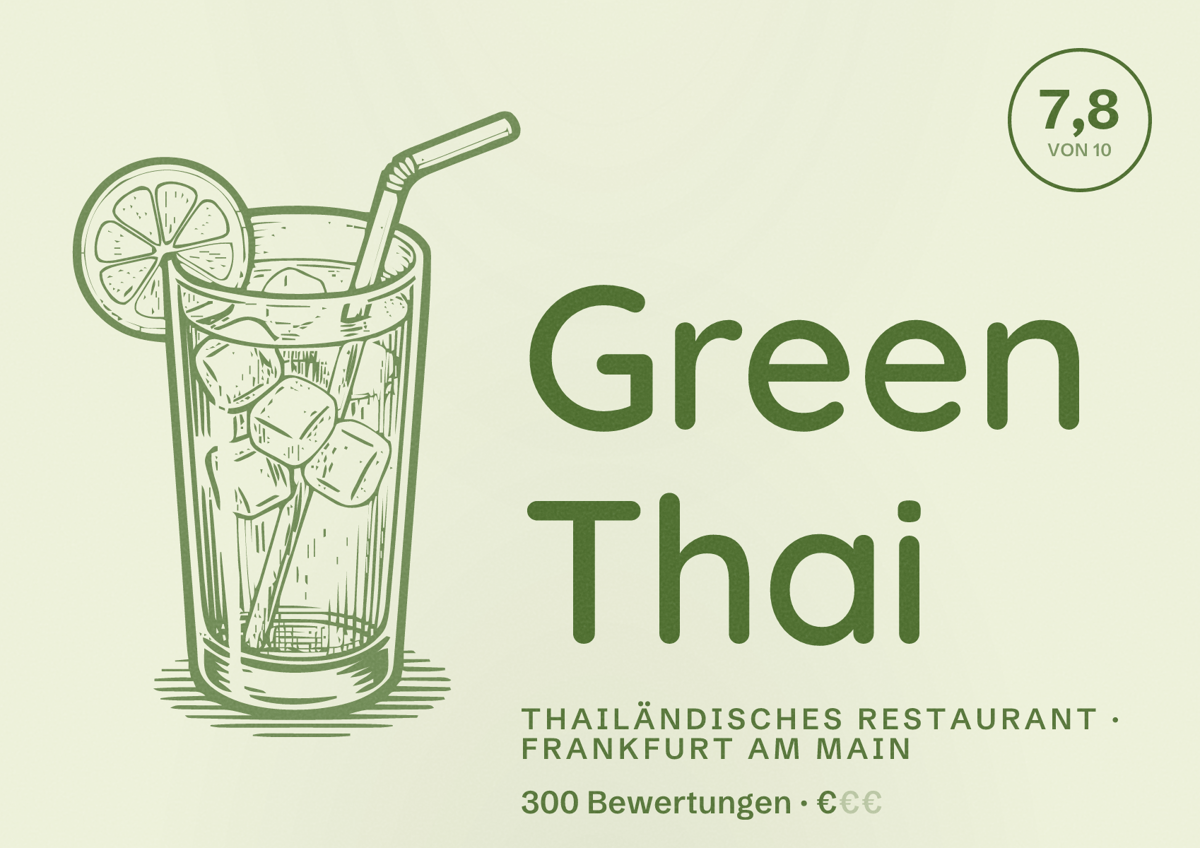 Illustriertes Poster von Green Thai, Thailändisches Restaurant in Frankfurt am Main: Bewertung 7,8 von 10 aus 300 Bewertungen, Preisniveau €