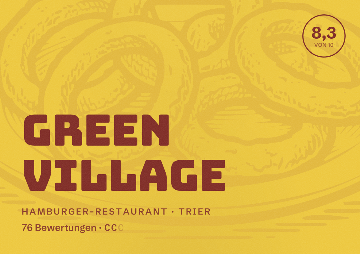 Illustriertes Poster von Green Village, Hamburger-Restaurant in Trier: Bewertung 8,3 von 10 aus 76 Bewertungen, Preisniveau €€