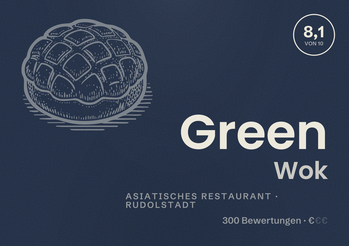 Illustriertes Poster von Green Wok, Asiatisches Restaurant in Rudolstadt: Bewertung 8,1 von 10 aus 300 Bewertungen, Preisniveau €