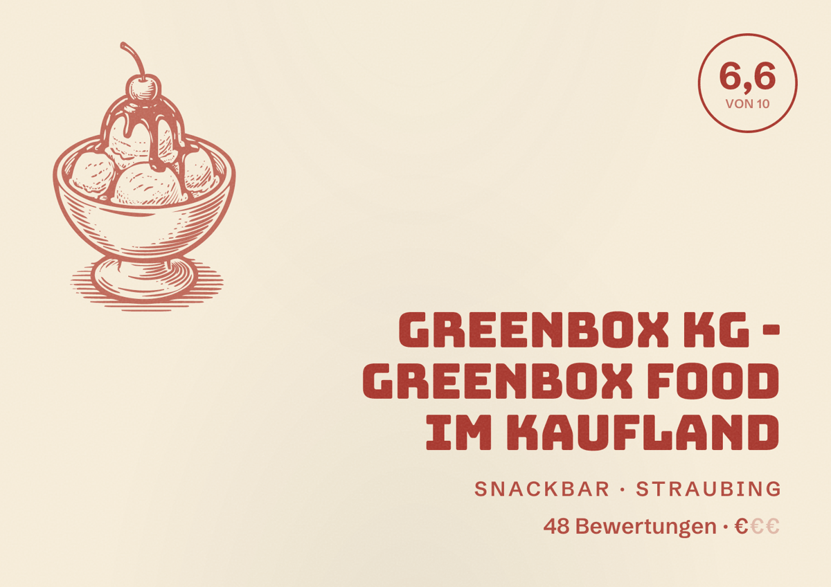 Illustriertes Poster von Greenbox KG - Greenbox Food im Kaufland, Snackbar in Straubing: Bewertung 6,6 von 10 aus 48 Bewertungen, Preisniveau €