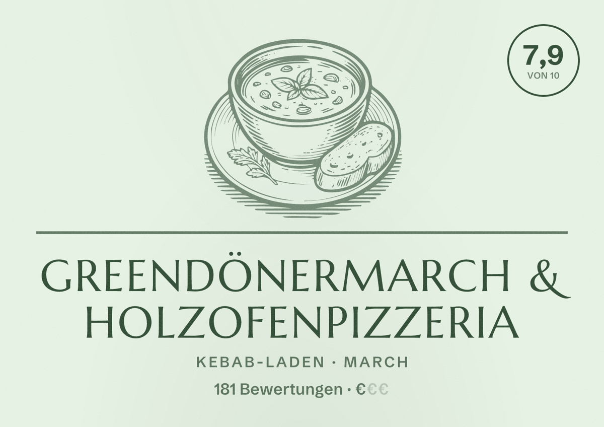 Illustriertes Poster von GreenDönerMarch & HolzofenPizzeria, Kebab-Laden in March: Bewertung 7,9 von 10 aus 181 Bewertungen, Preisniveau €