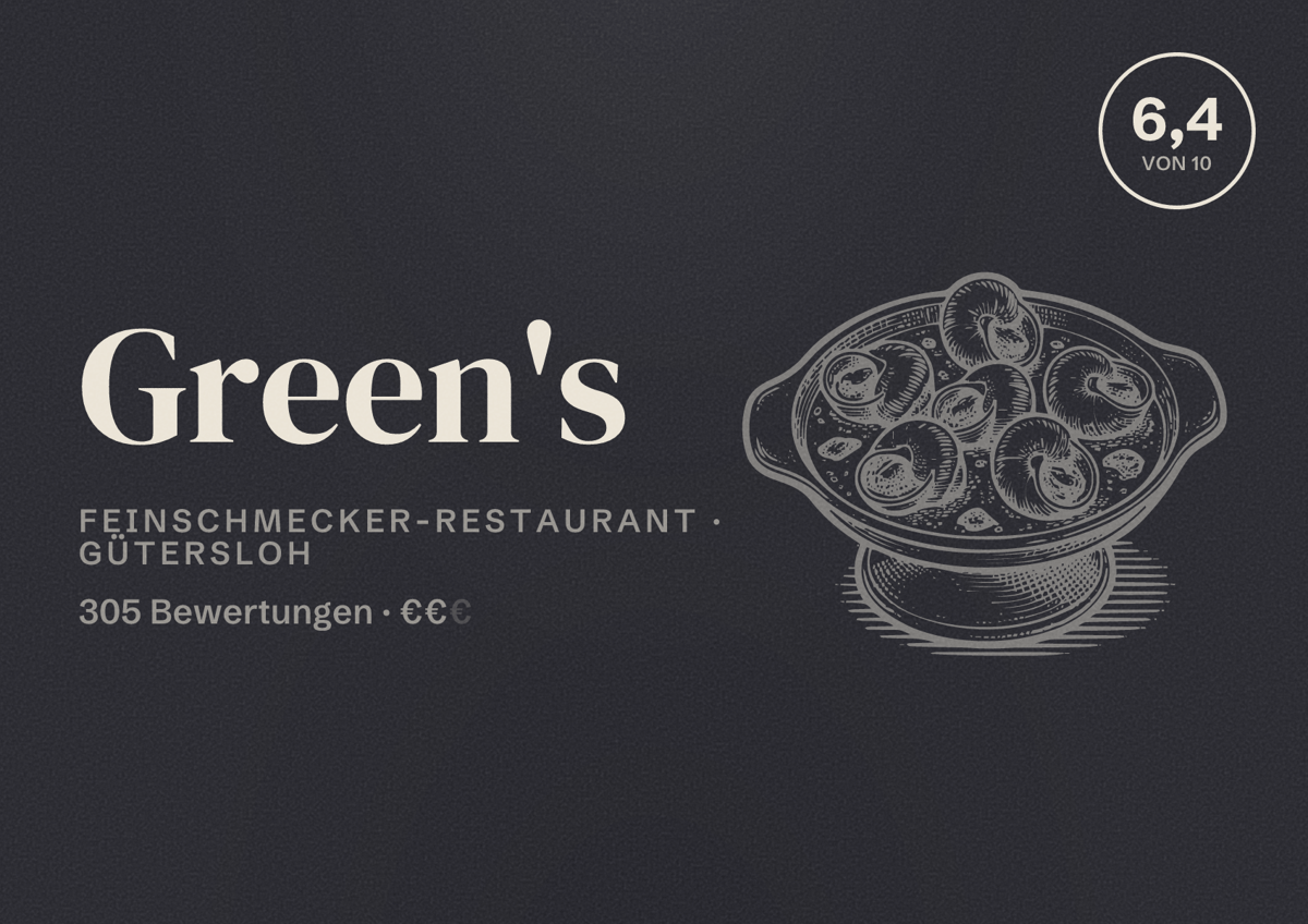 Illustriertes Poster von Green's, Feinschmecker-Restaurant in Gütersloh: Bewertung 6,4 von 10 aus 305 Bewertungen, Preisniveau €€