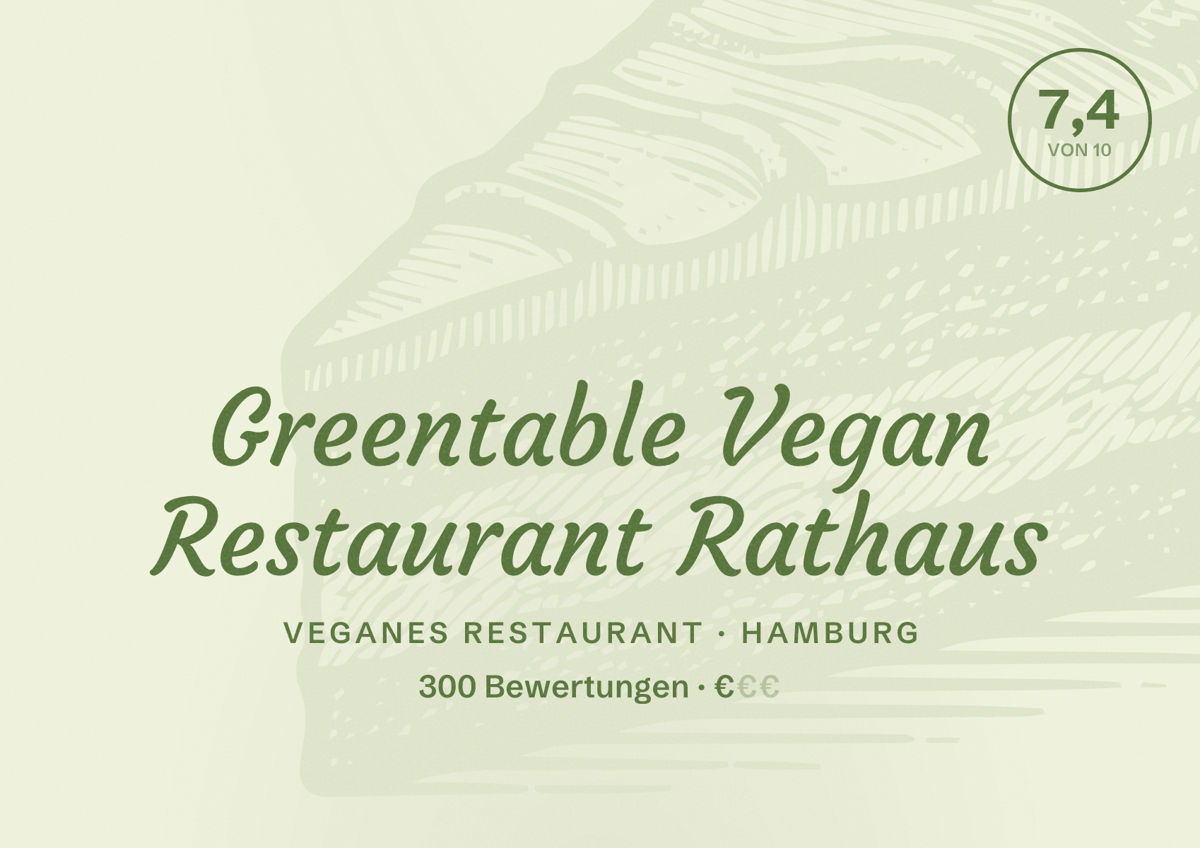 Illustriertes Poster von Greentable Vegan Restaurant Rathaus, Veganes Restaurant in Hamburg: Bewertung 7,4 von 10 aus 300 Bewertungen, Preisniveau €