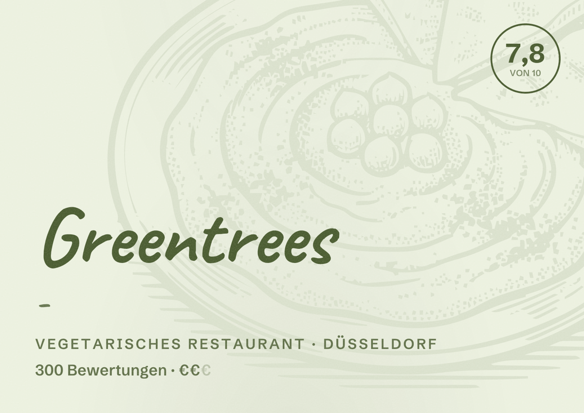 Illustriertes Poster von Greentrees -, Vegetarisches Restaurant in Düsseldorf: Bewertung 7,8 von 10 aus 300 Bewertungen, Preisniveau €€