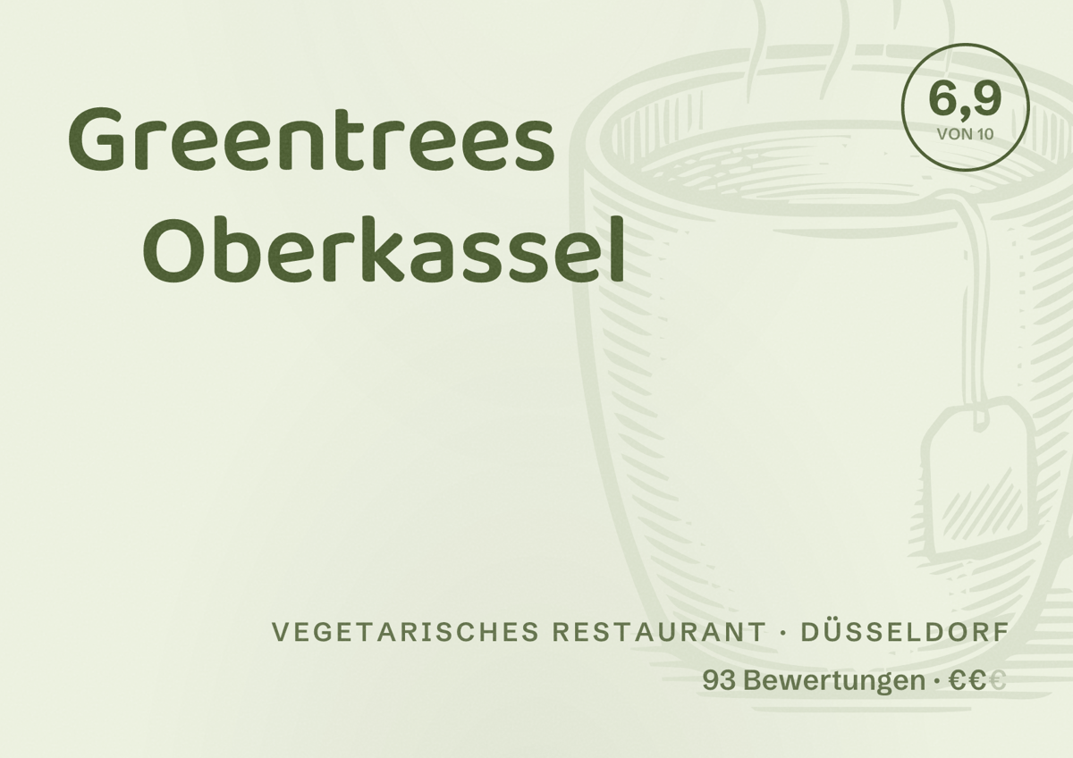 Illustriertes Poster von Greentrees Oberkassel, Vegetarisches Restaurant in Düsseldorf: Bewertung 6,9 von 10 aus 93 Bewertungen, Preisniveau €€