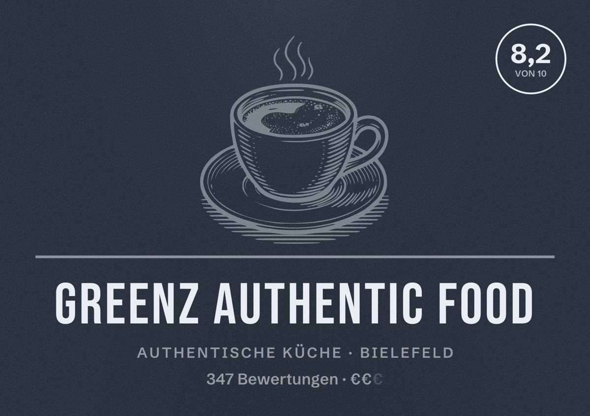 Illustriertes Poster von GREENZ AUTHENTIC FOOD, Authentische Küche in Bielefeld: Bewertung 8,2 von 10 aus 347 Bewertungen, Preisniveau €€