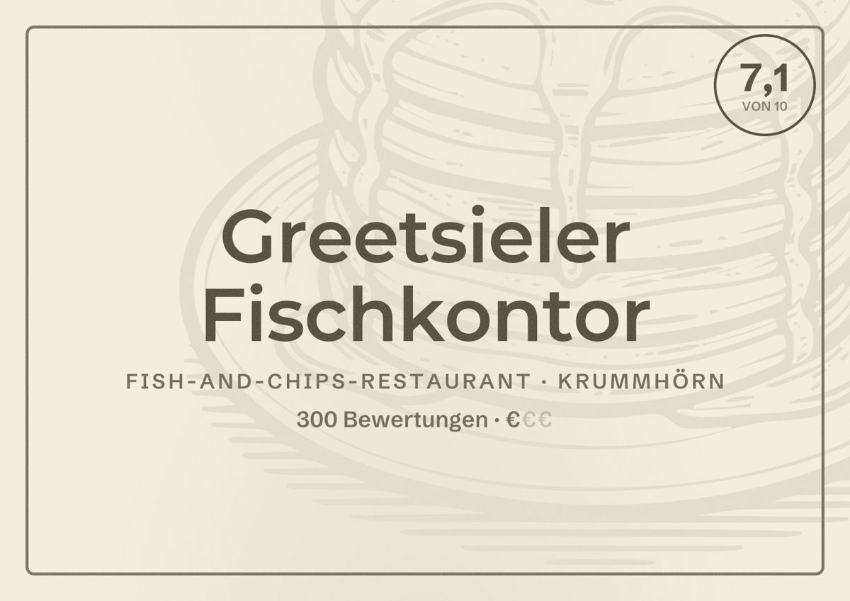Illustriertes Poster von Greetsieler Fischkontor, Fish-and-Chips-Restaurant in Krummhörn: Bewertung 7,1 von 10 aus 300 Bewertungen, Preisniveau €