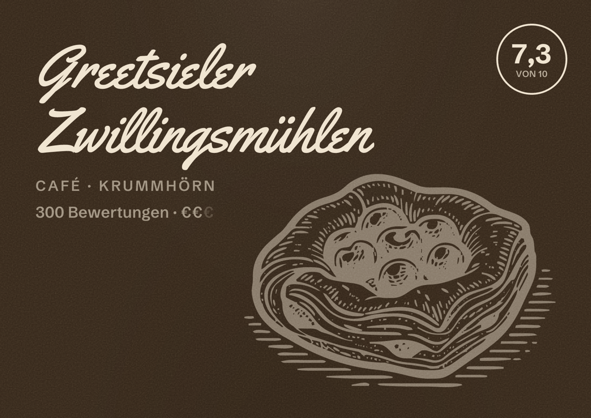 Illustriertes Poster von Greetsieler Zwillingsmühlen, Café in Krummhörn: Bewertung 7,3 von 10 aus 300 Bewertungen, Preisniveau €€