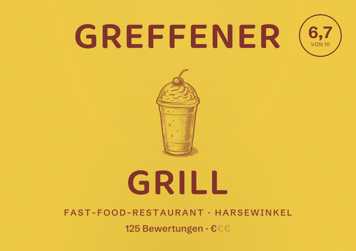 Illustriertes Poster von Greffener Grill, Fast-Food-Restaurant in Harsewinkel: Bewertung 6,7 von 10 aus 125 Bewertungen, Preisniveau €