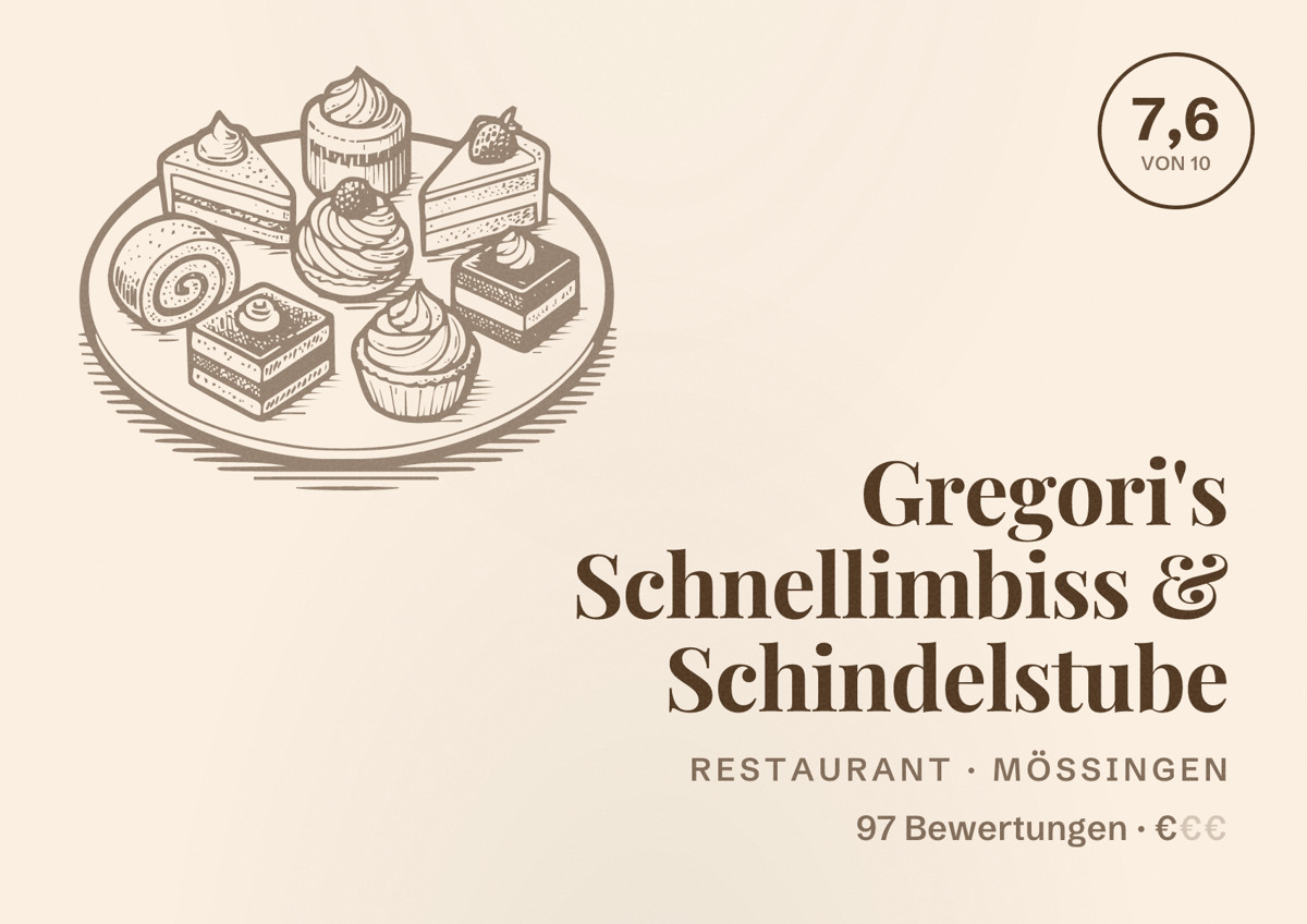 Illustriertes Poster von Gregori's Schnellimbiss & Schindelstube, Restaurant in Mössingen: Bewertung 7,6 von 10 aus 97 Bewertungen, Preisniveau €
