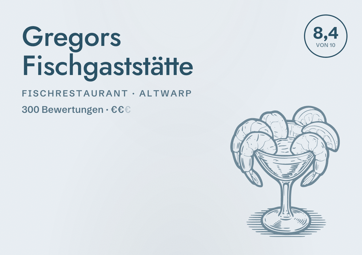 Illustriertes Poster von Gregors Fischgaststätte, Fischrestaurant in Altwarp: Bewertung 8,4 von 10 aus 300 Bewertungen, Preisniveau €€